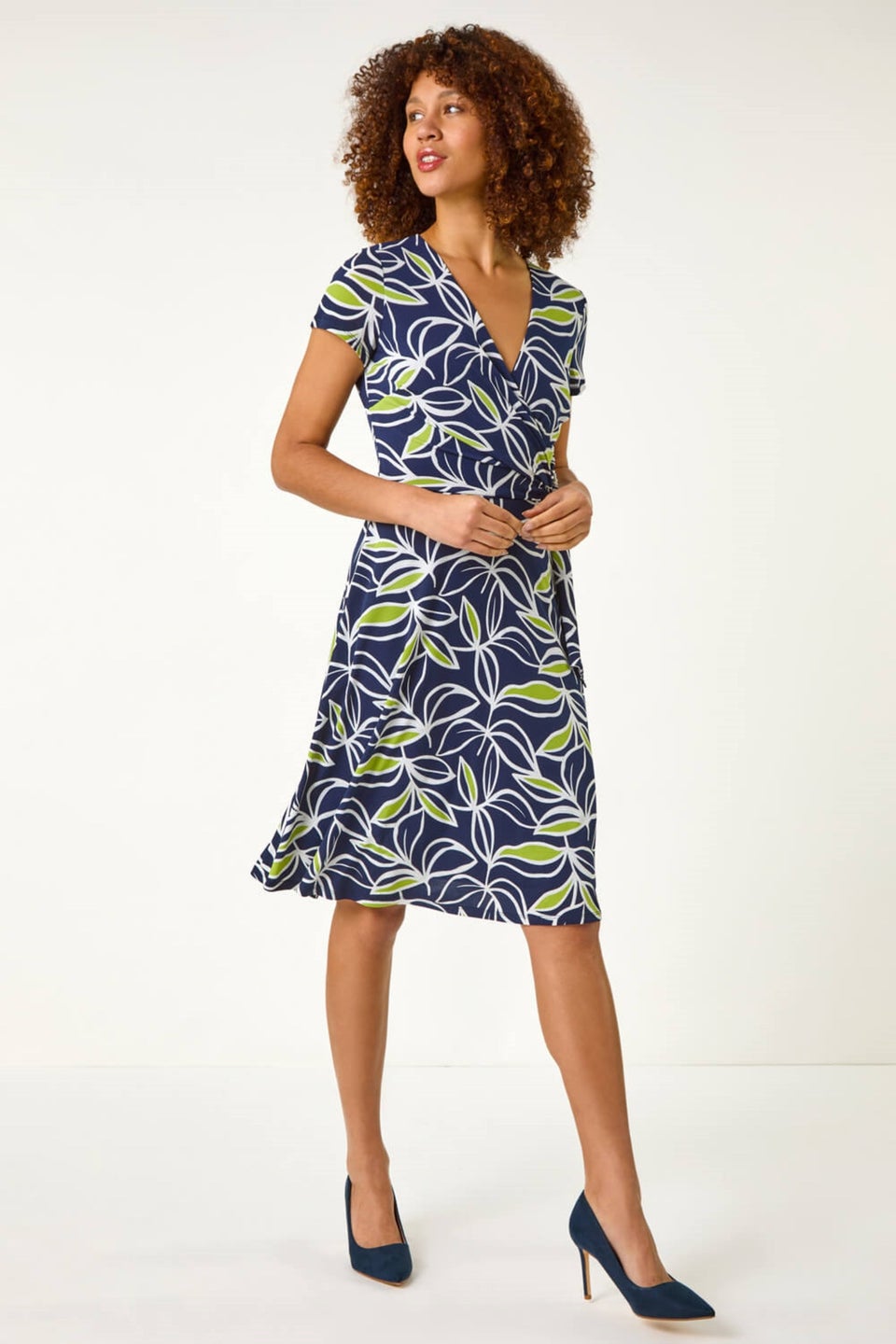 Roman Lime Leaf Print Wrap Bodice Dress