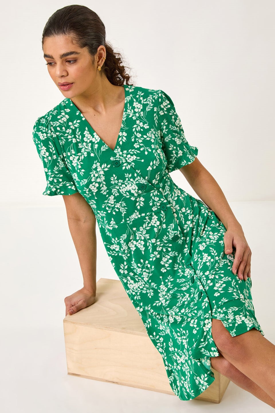 Roman Green Ditsy Floral Side Button Stretch Dress