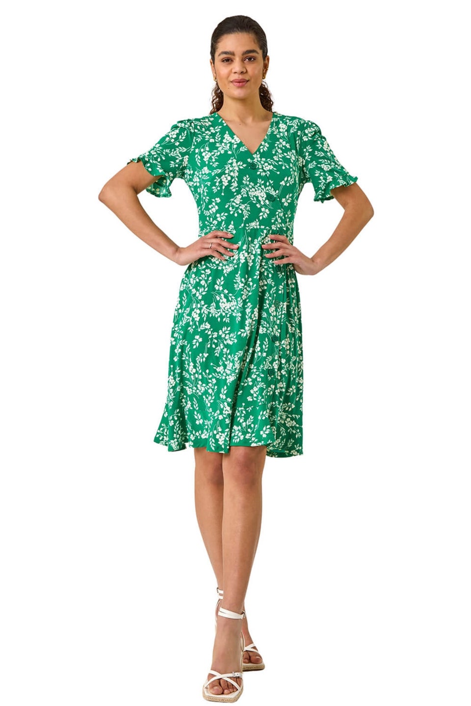 Roman Green Ditsy Floral Side Button Stretch Dress
