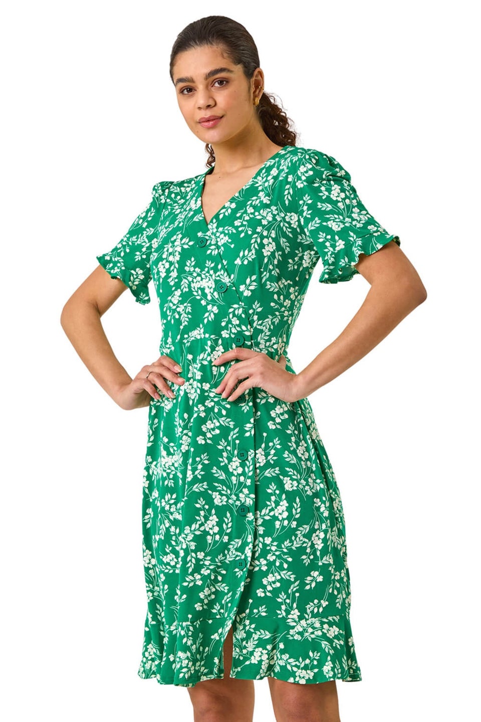 Roman Green Ditsy Floral Side Button Stretch Dress