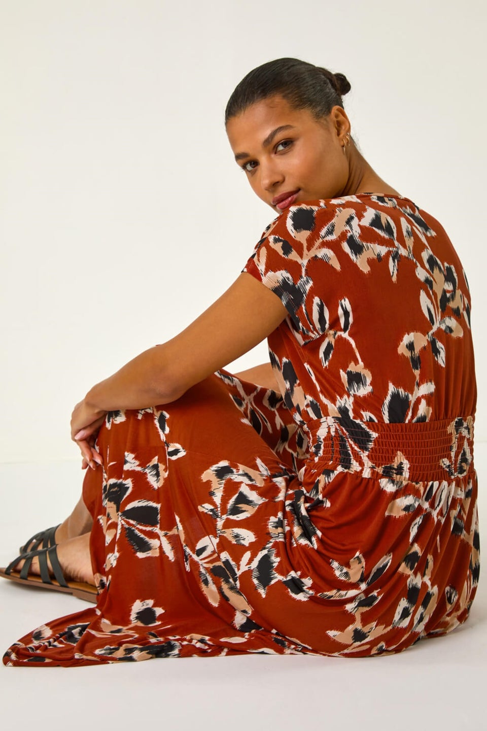 Roman Rust Abstract Stretch Ruched Waist Maxi Dress