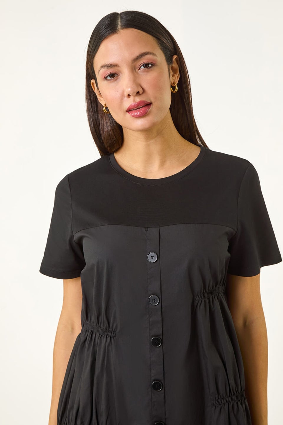 Roman Black Gathered Mix Smock Dress
