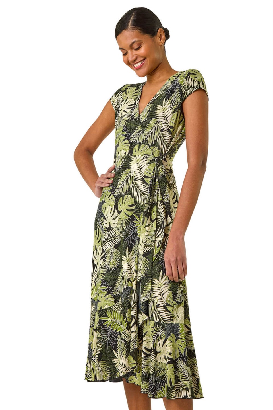 Roman Khaki Floral Stretch Midi Wrap Dress