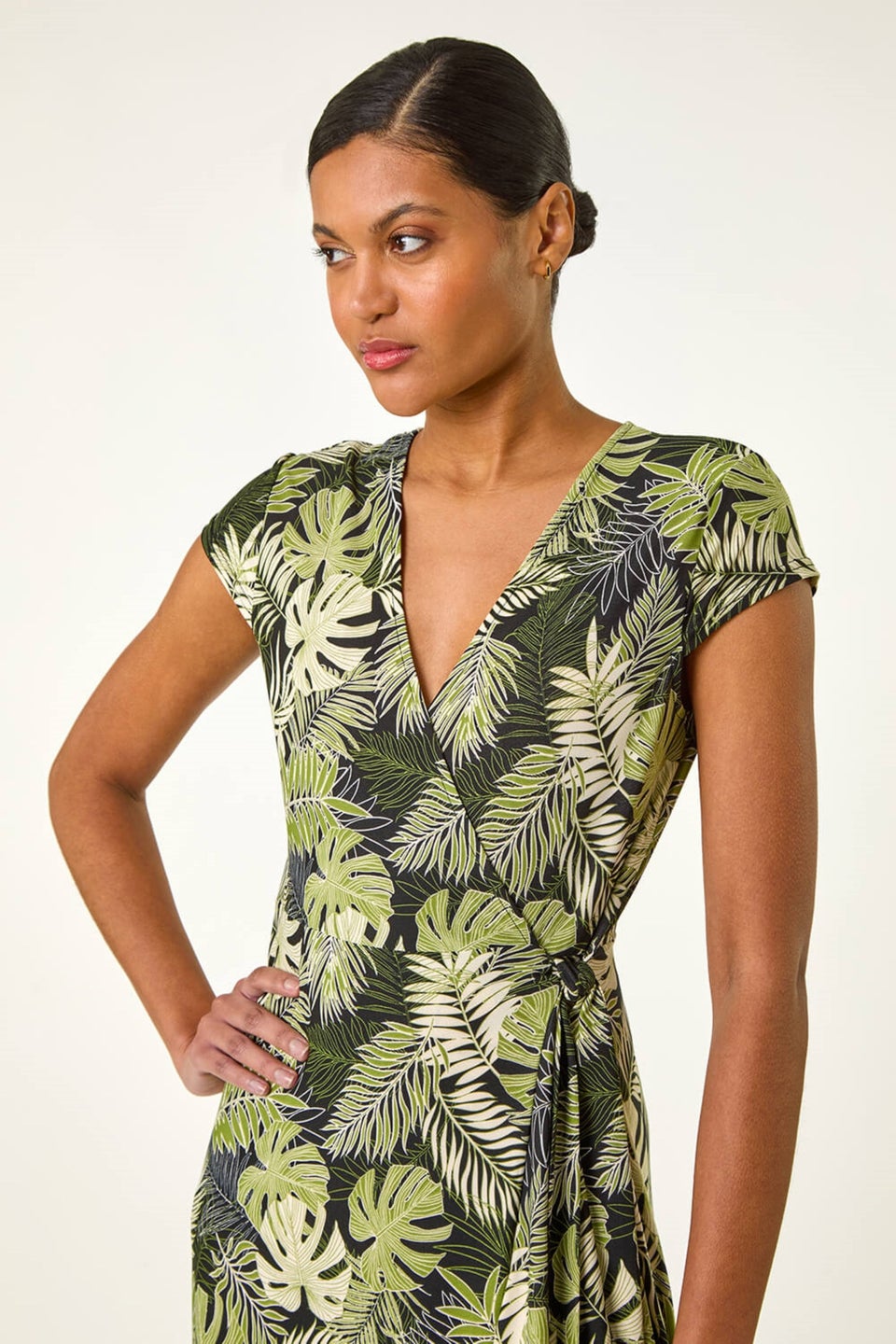 Roman Khaki Floral Stretch Midi Wrap Dress
