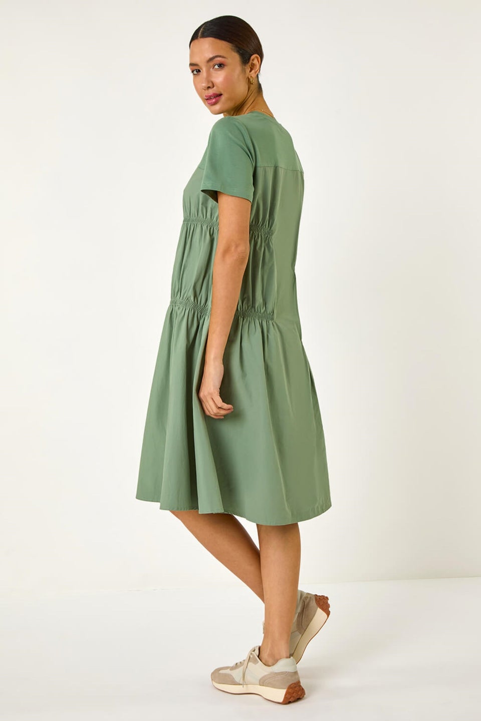 Roman Sage Gathered Cotton Stretch Smock Dress
