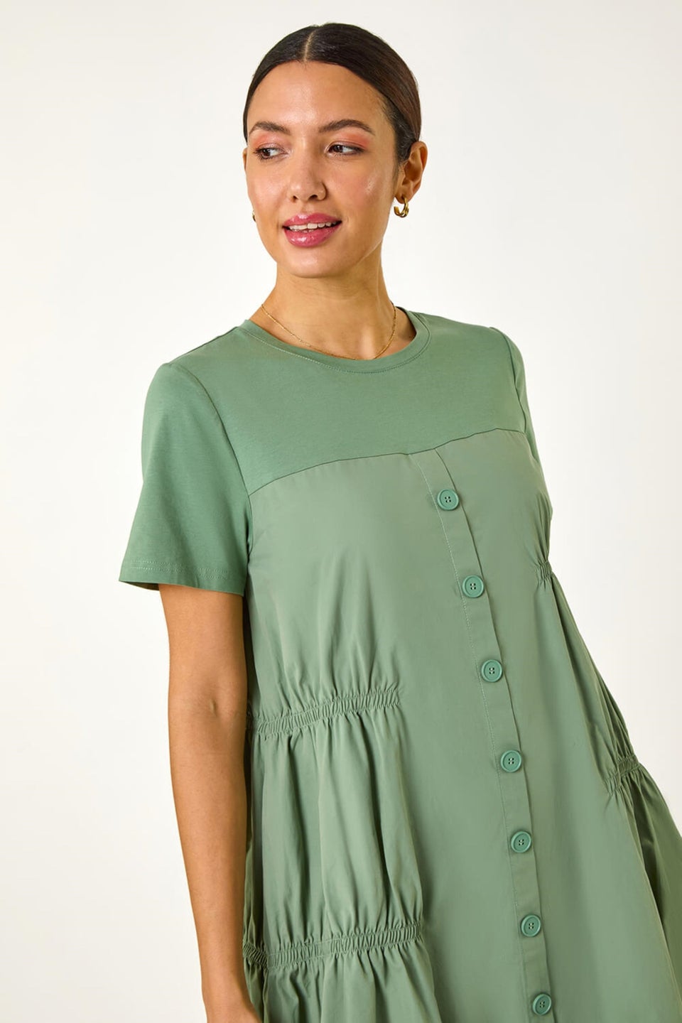 Roman Sage Gathered Cotton Stretch Smock Dress