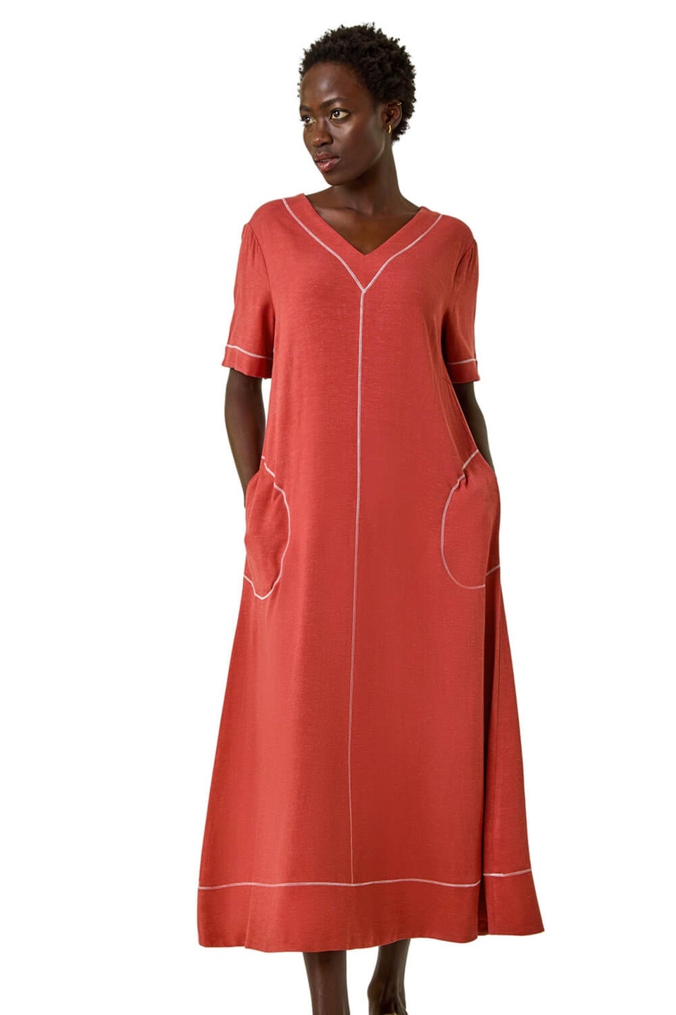 Roman Rust Contrast Stitch Woven Dress