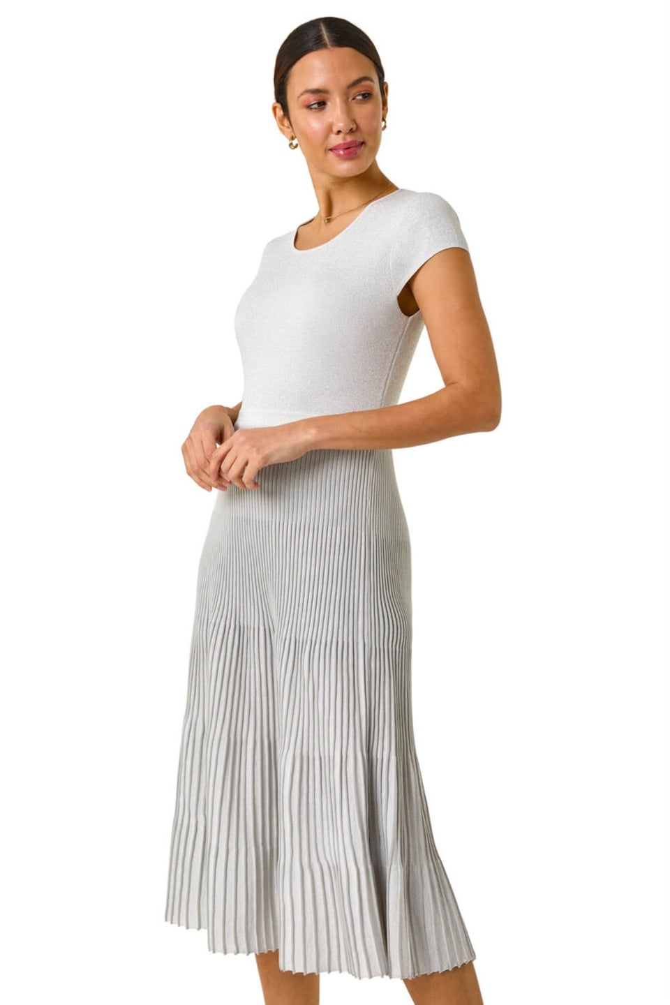 Roman Silver Shimmer Knit Pleated Dress