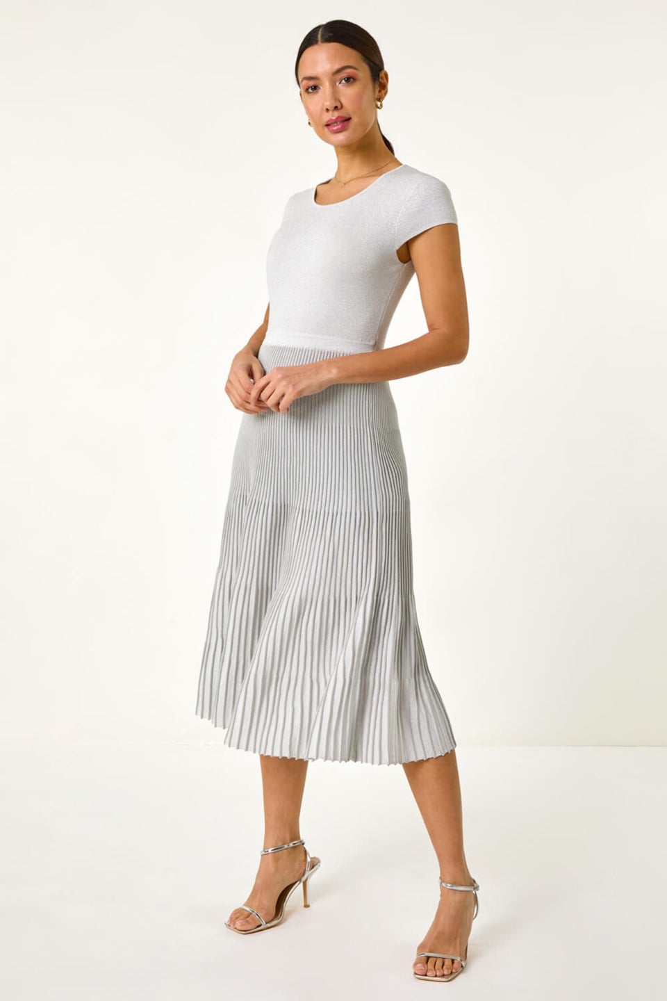 Roman Silver Shimmer Knit Pleated Dress