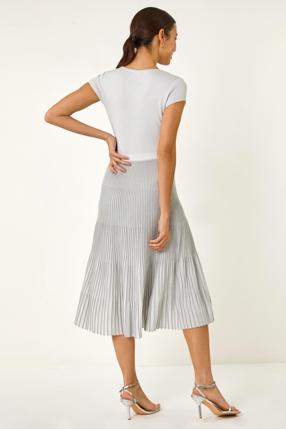 Roman Silver Shimmer Knit Pleated Dress