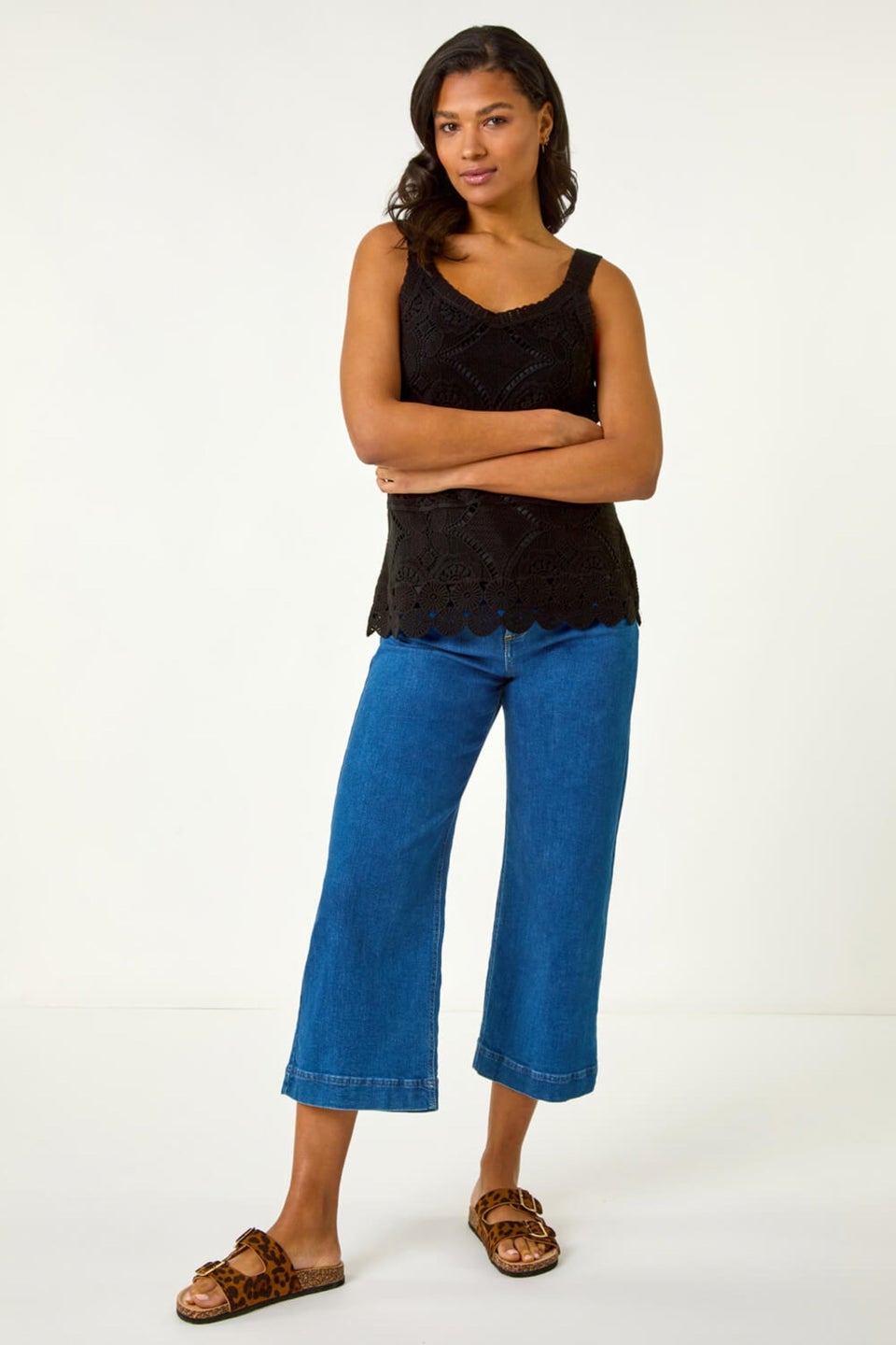 Roman Black Cotton Crochet Knit Vest Top