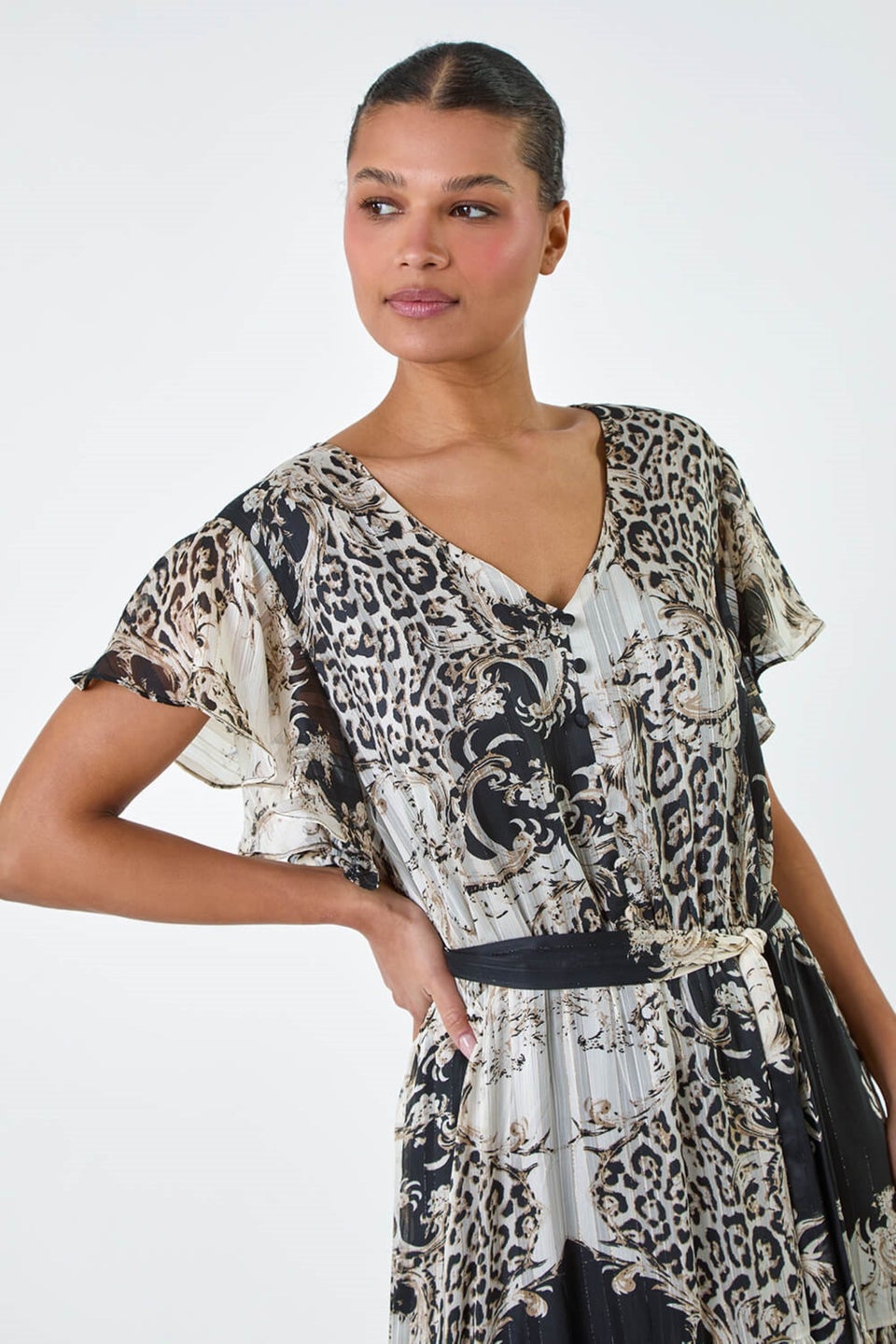 Roman Brown Animal Print Shimmer Tiered Maxi Dress