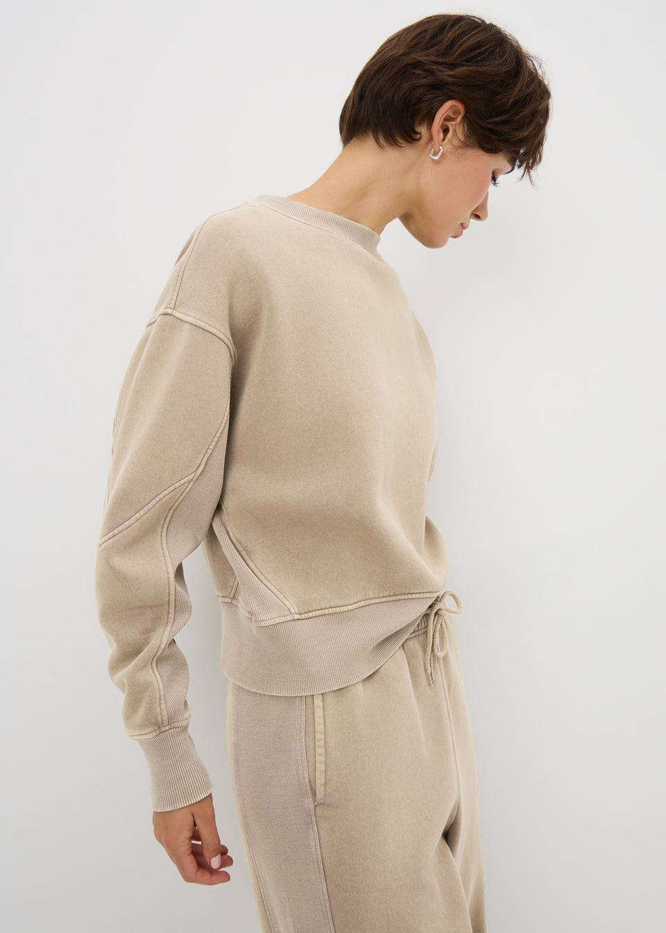 Brown Acid Wash Rib Wide Leg Jogging Bottoms