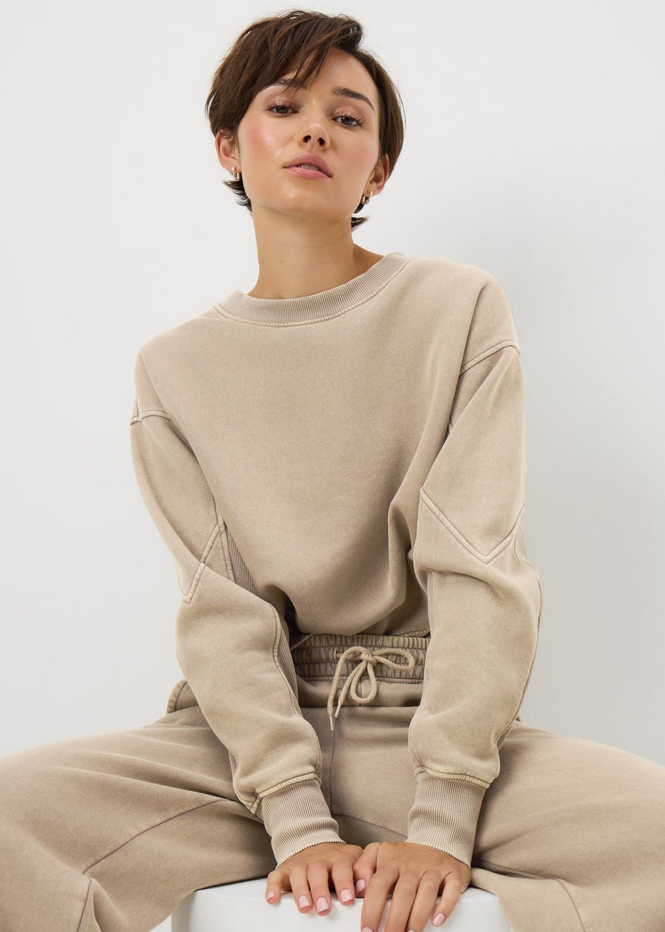 Brown Acid Wash Rib Wide Leg Jogging Bottoms