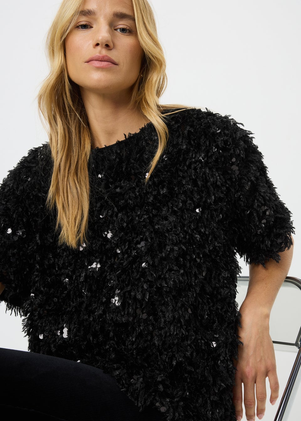 Black Fluffy Sequin Top