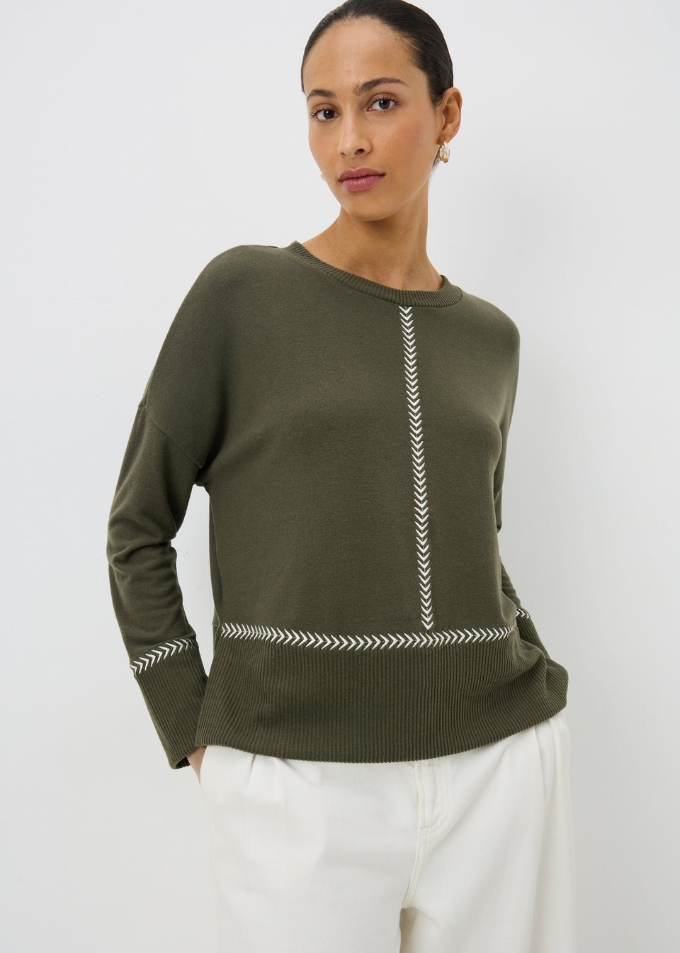 Dark Green Contrast Stitch Jumper