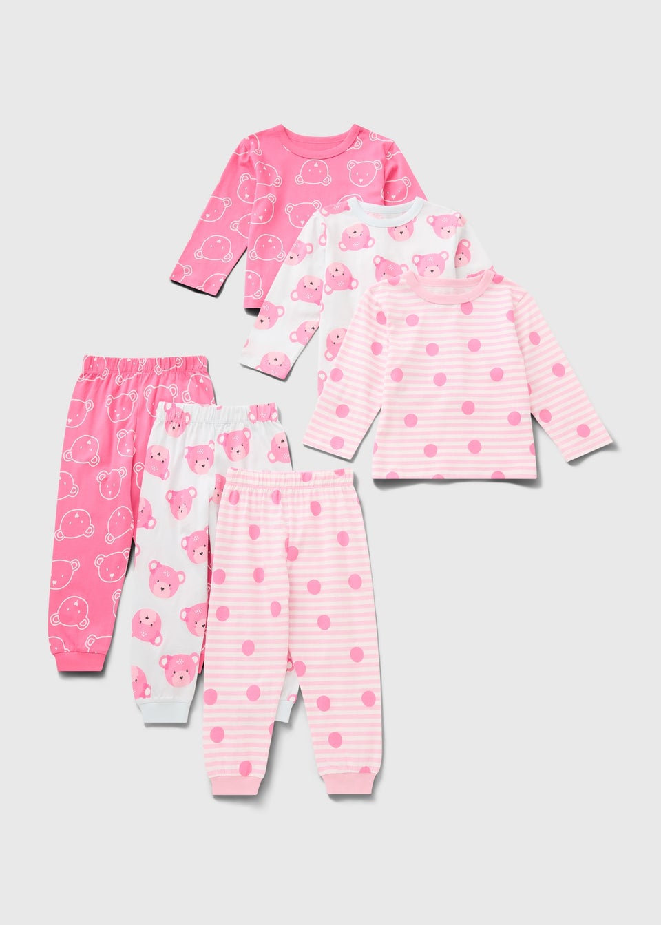 3 Pack Girls Pink Bear Pyjama Sets (1-7yrs)