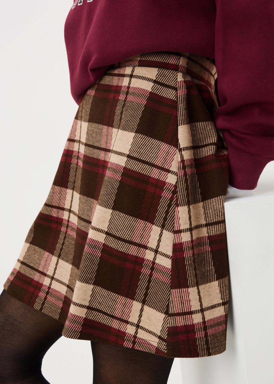 Burgundy Check Flare Mini Skirt