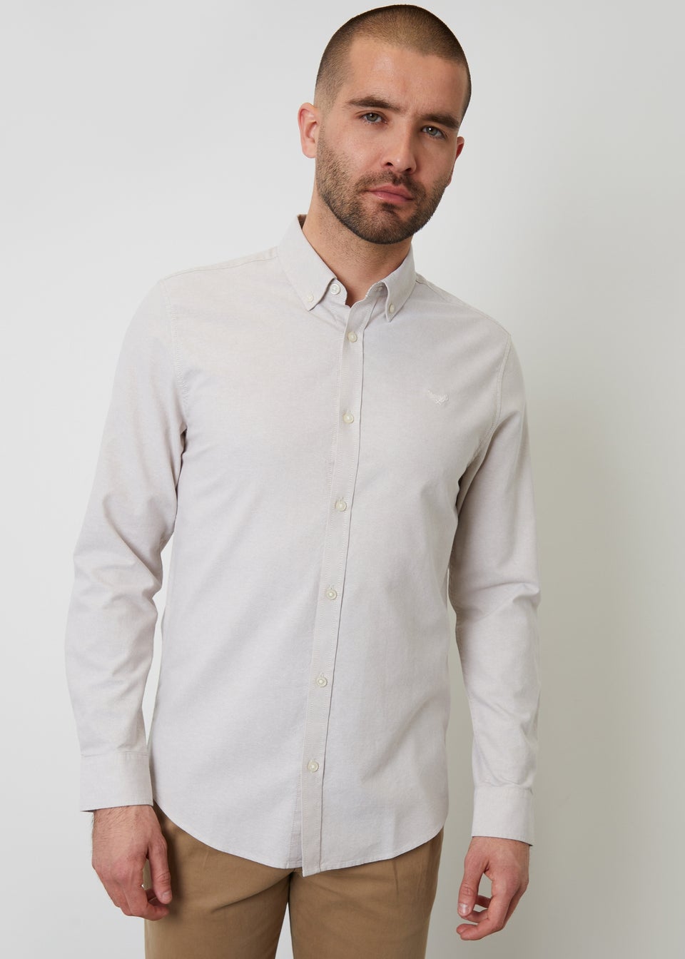 Threadbare Stone Oxford Cotton Slim Fit Long Sleeve Shirt