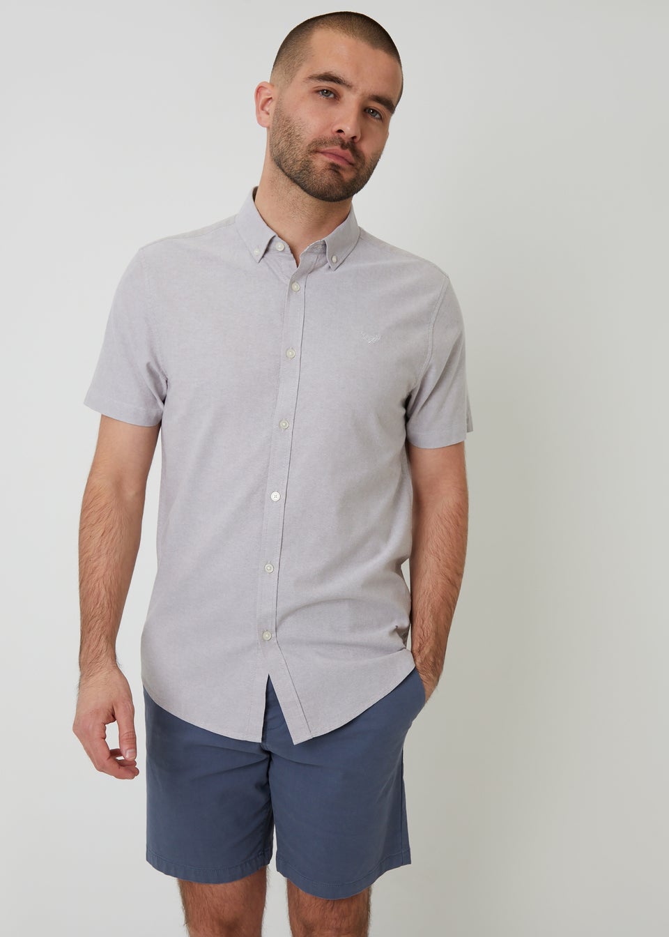 Threadbare Taupe Oxford Cotton Slim Fit Short Sleeve Shirt