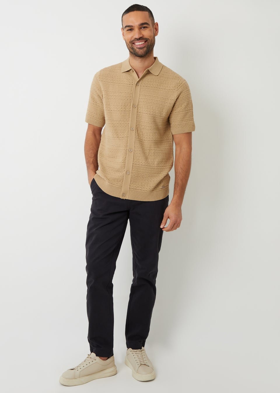 Threadbare Brown Textured Button Through Knitted Shirt