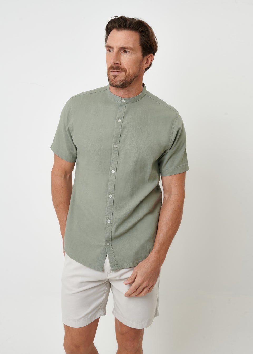 Threadbare Soft Green Grandad Collar Linen Blend Short Sleeve Shirt