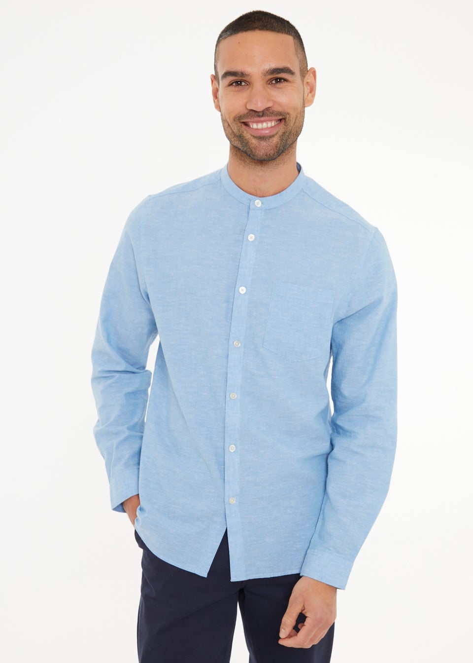 Threadbare Blue Linen Blend Long Sleeve Grandad Collar Shirt