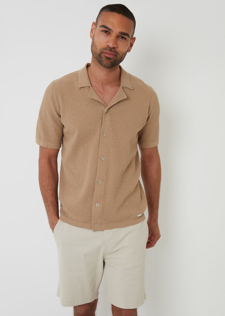Threadbare Brown Textured Revere Collar Knitted Shirt