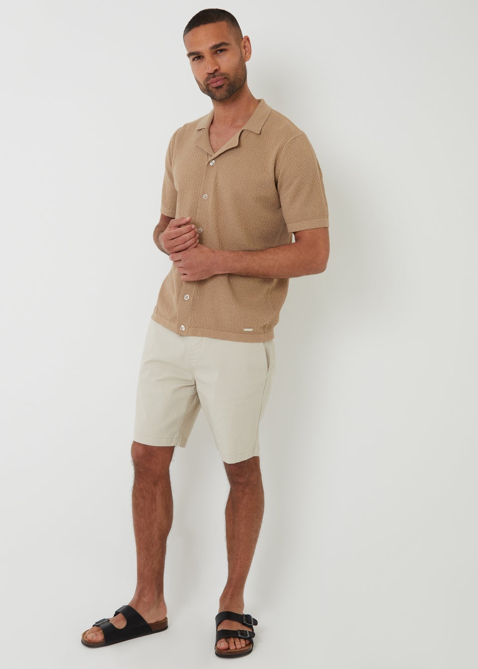 Threadbare Brown Textured Revere Collar Knitted Shirt