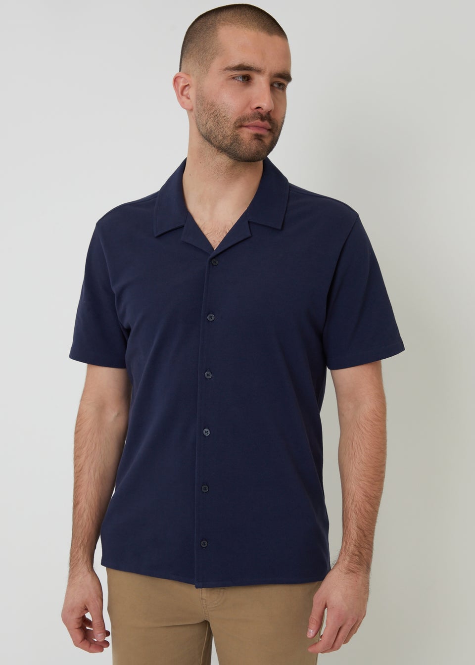 Threadbare Navy Cotton Pique Revere Collar Short Sleeve Shirt