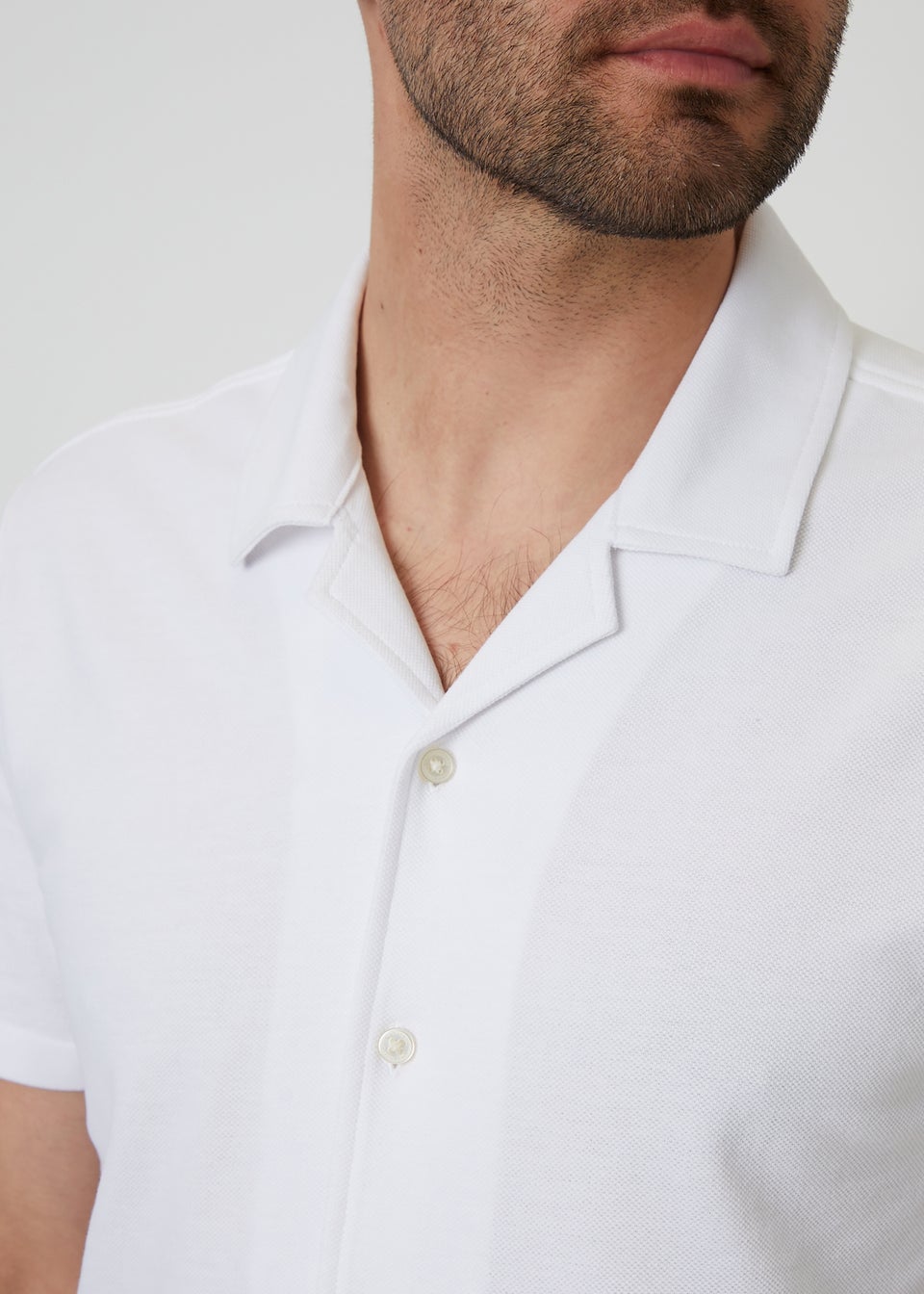 Threadbare White Cotton Pique Revere Collar Short Sleeve Shirt