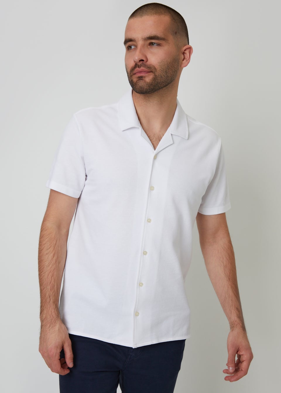 Threadbare White Cotton Pique Revere Collar Short Sleeve Shirt