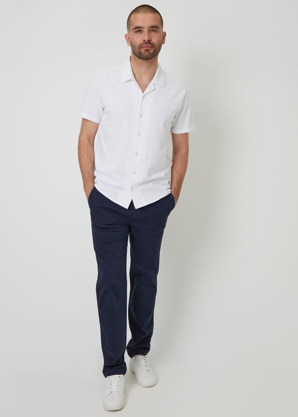 Threadbare White Cotton Pique Revere Collar Short Sleeve Shirt