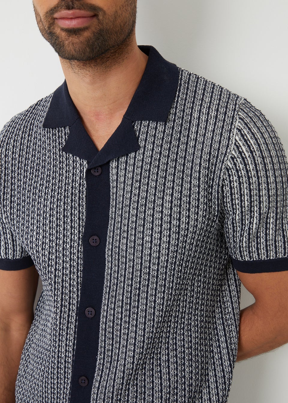 Threadbare Navy Textured Stripe Revere Collar Knitted Shirt