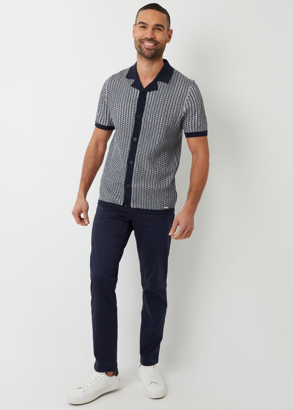Threadbare Navy Textured Stripe Revere Collar Knitted Shirt