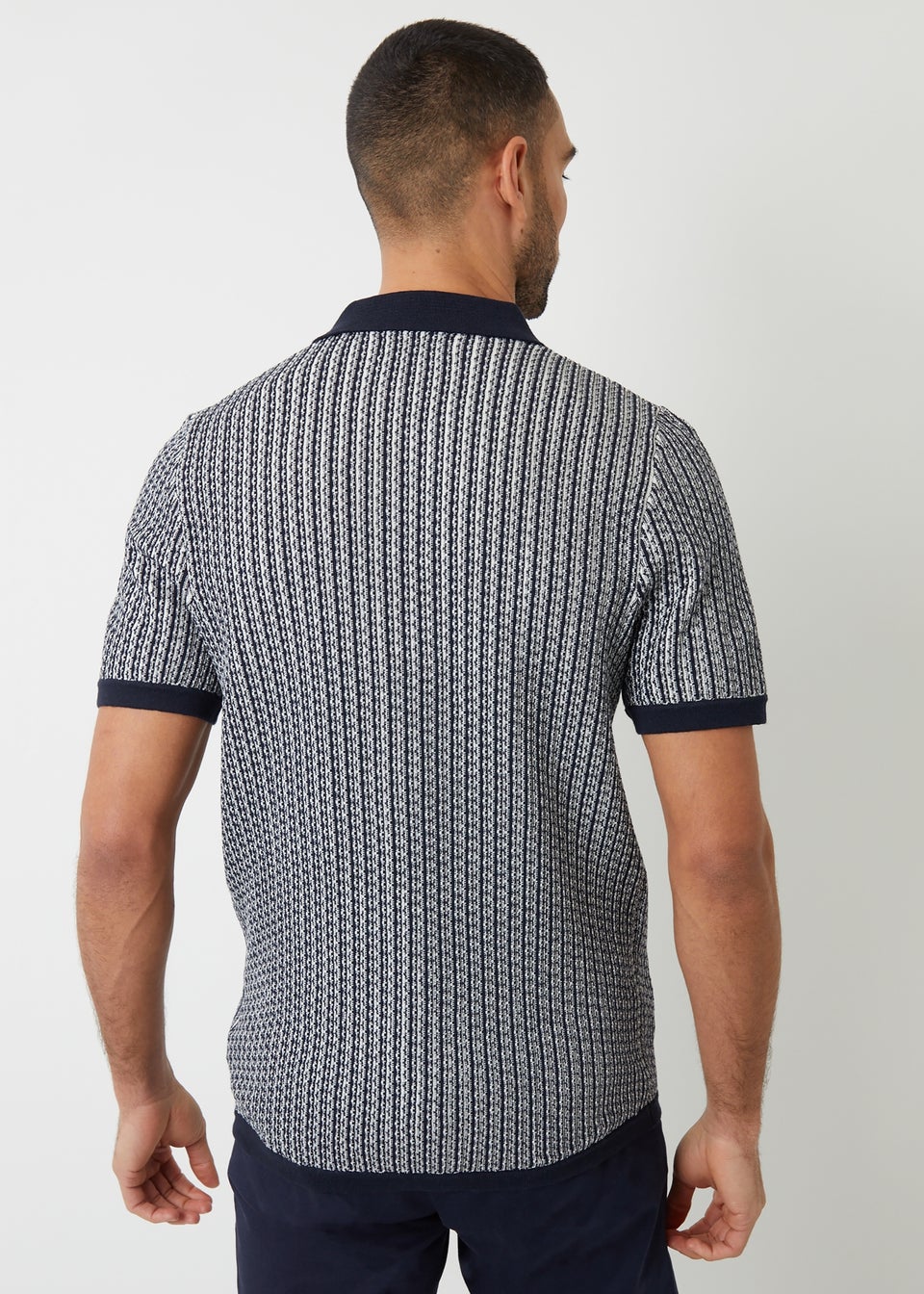 Threadbare Navy Textured Stripe Revere Collar Knitted Shirt