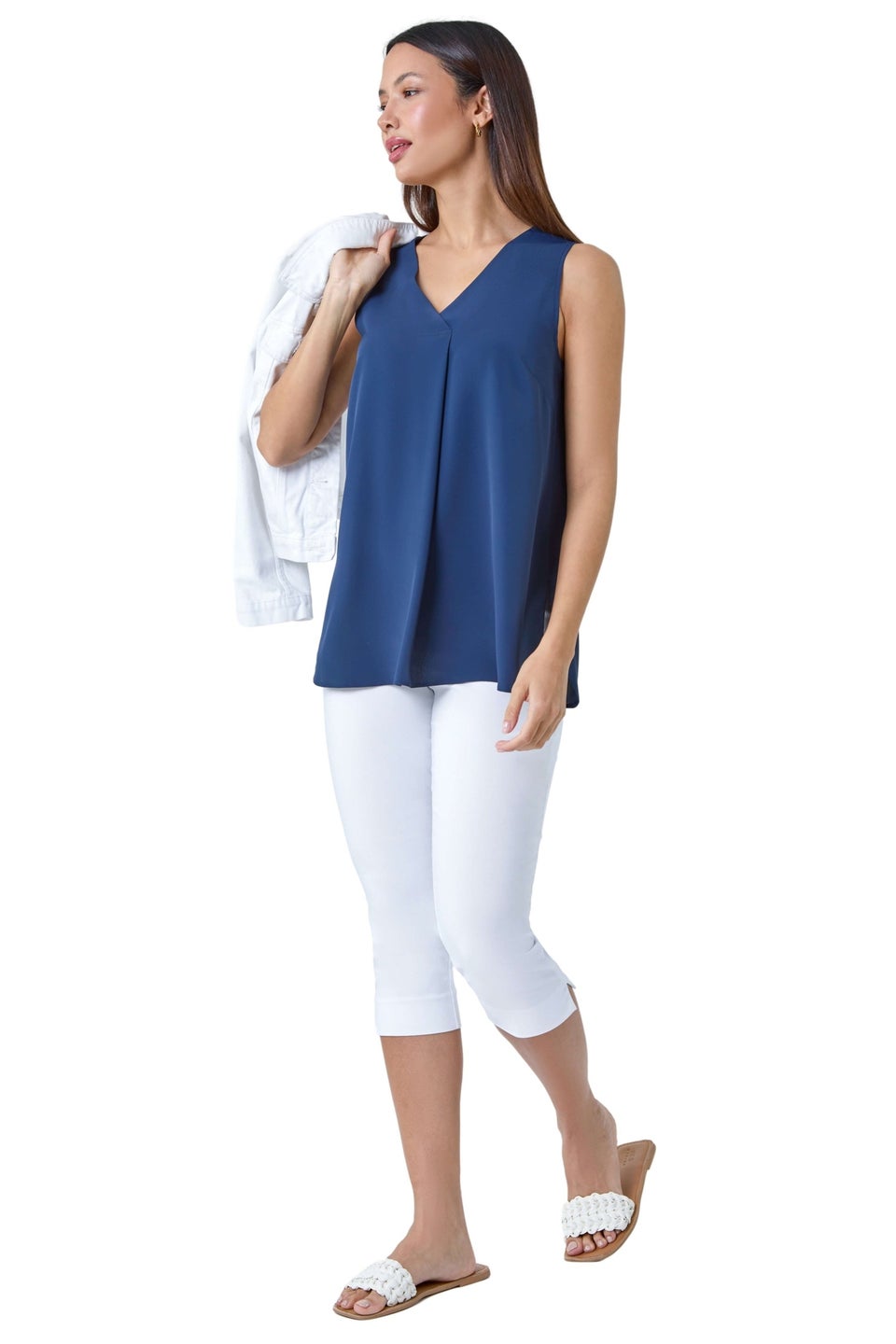 Roman Navy V Neck Sleeveless Pleat Chiffon Vest Top