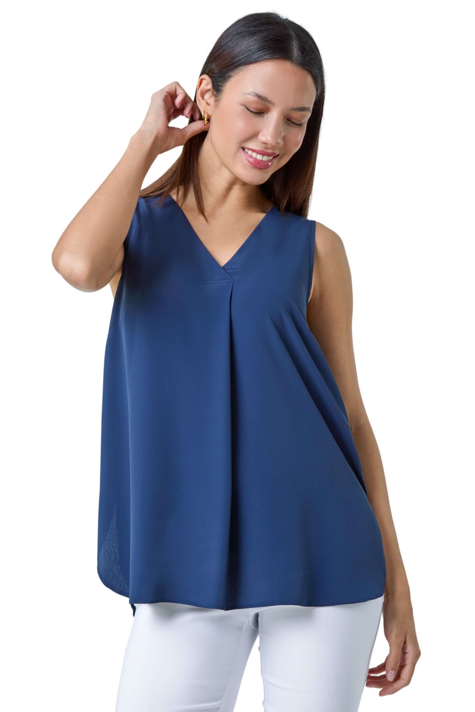 Roman Navy V Neck Sleeveless Pleat Chiffon Vest Top