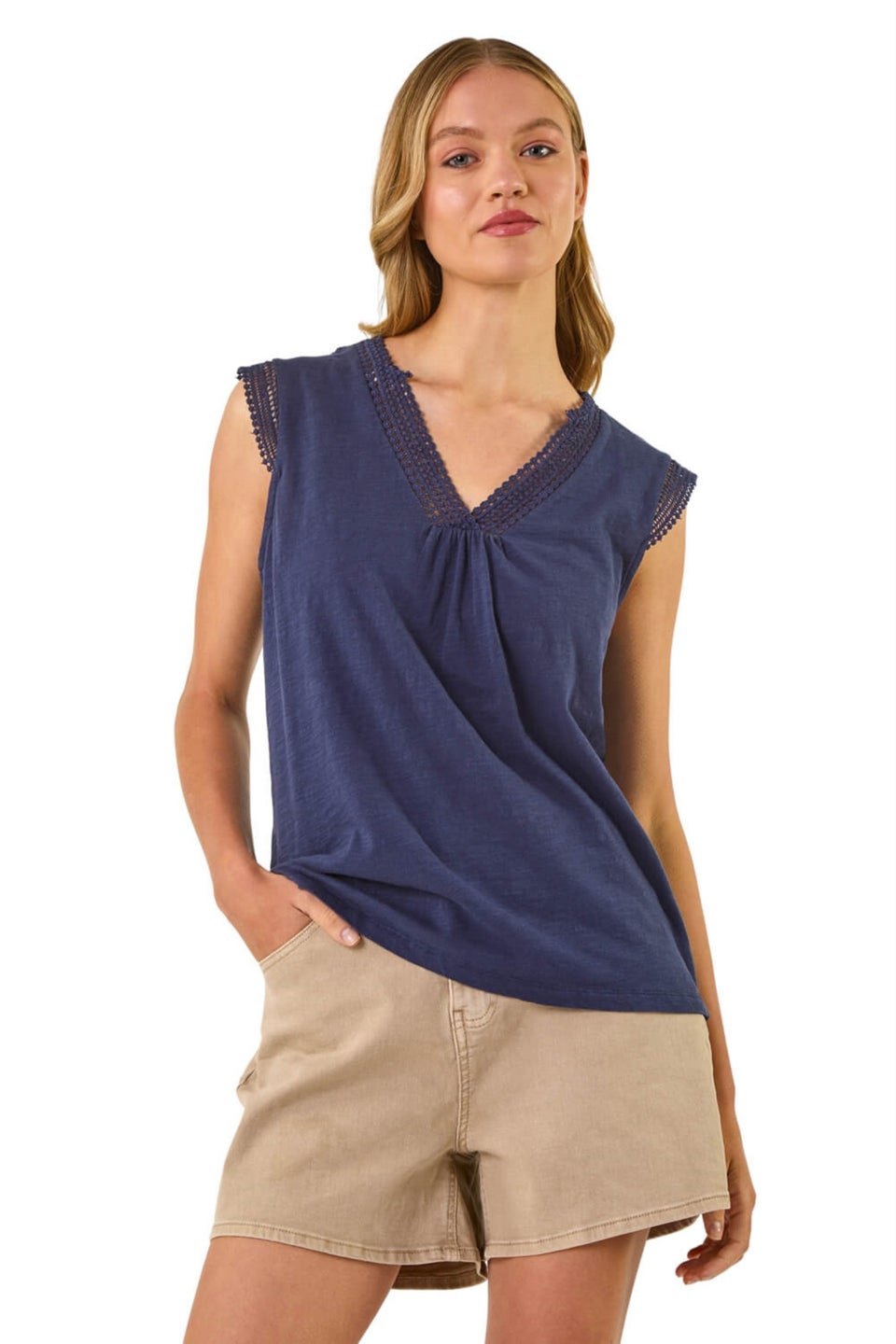 Roman Navy Lace Trim Tie V Neck Top