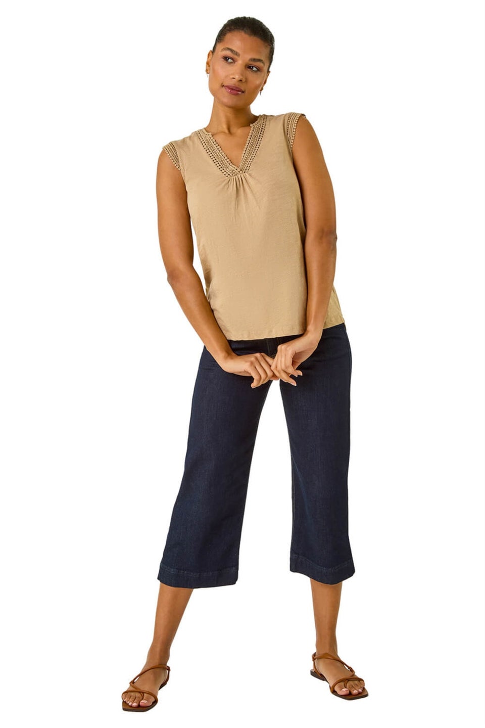 Roman Stone Lace Trim Tie V Neck Top