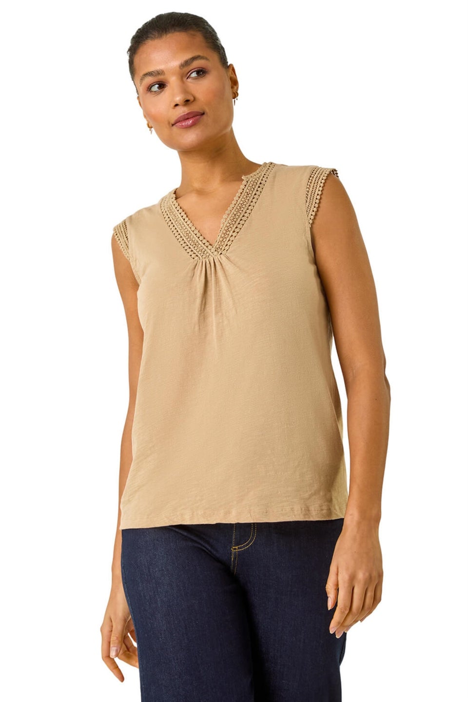 Roman Stone Lace Trim Tie V Neck Top