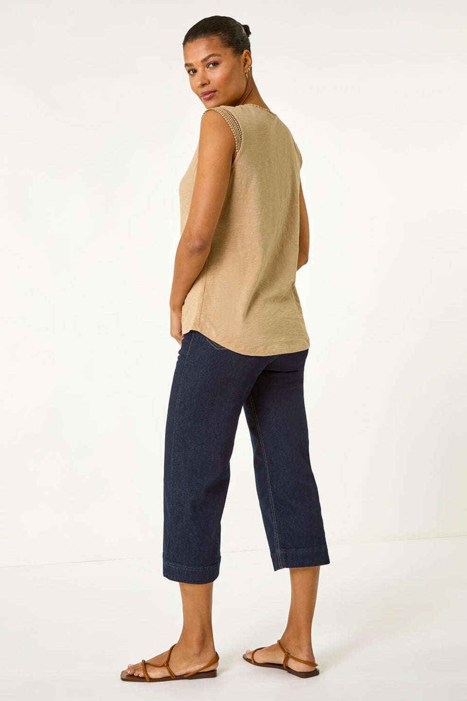 Roman Stone Lace Trim Tie V Neck Top