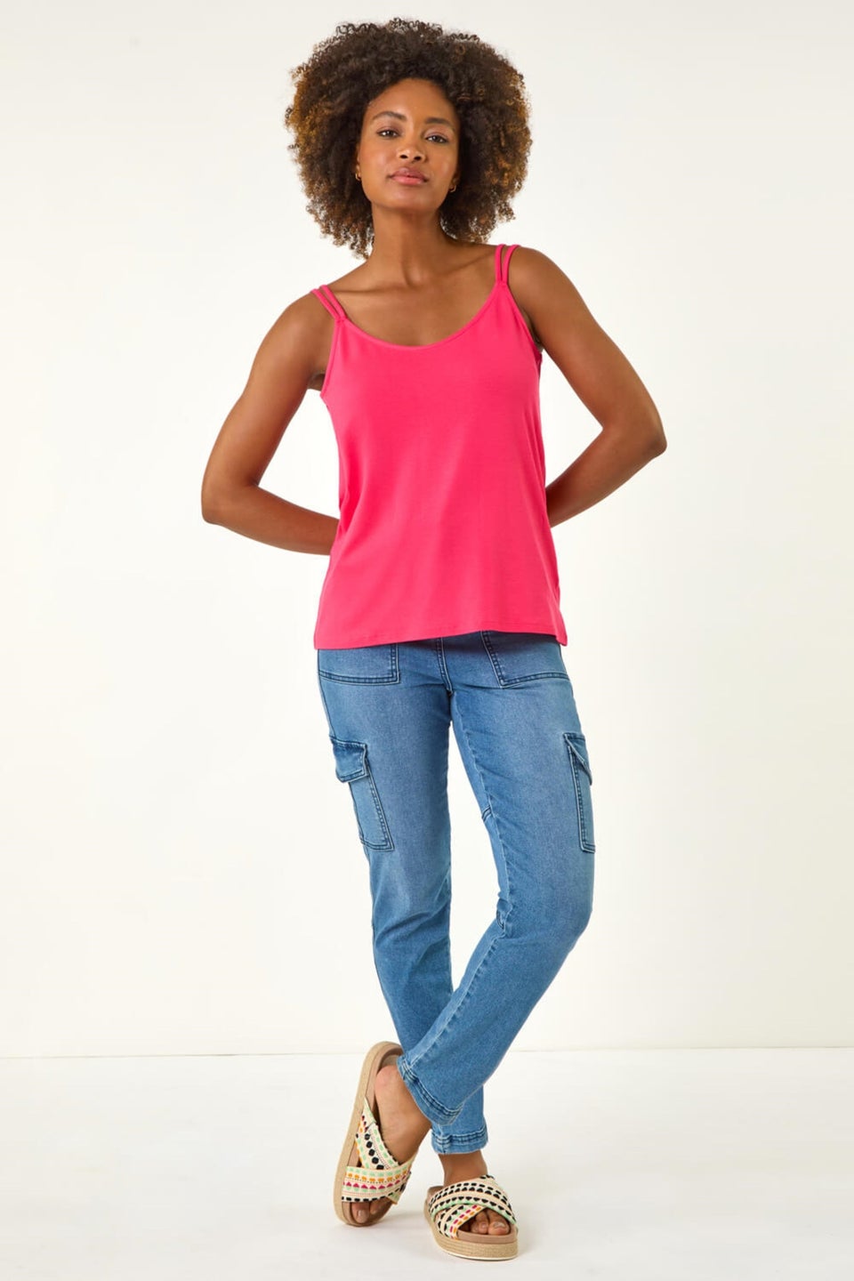 Roman Pink Plain Double Strap Stretch Vest Top