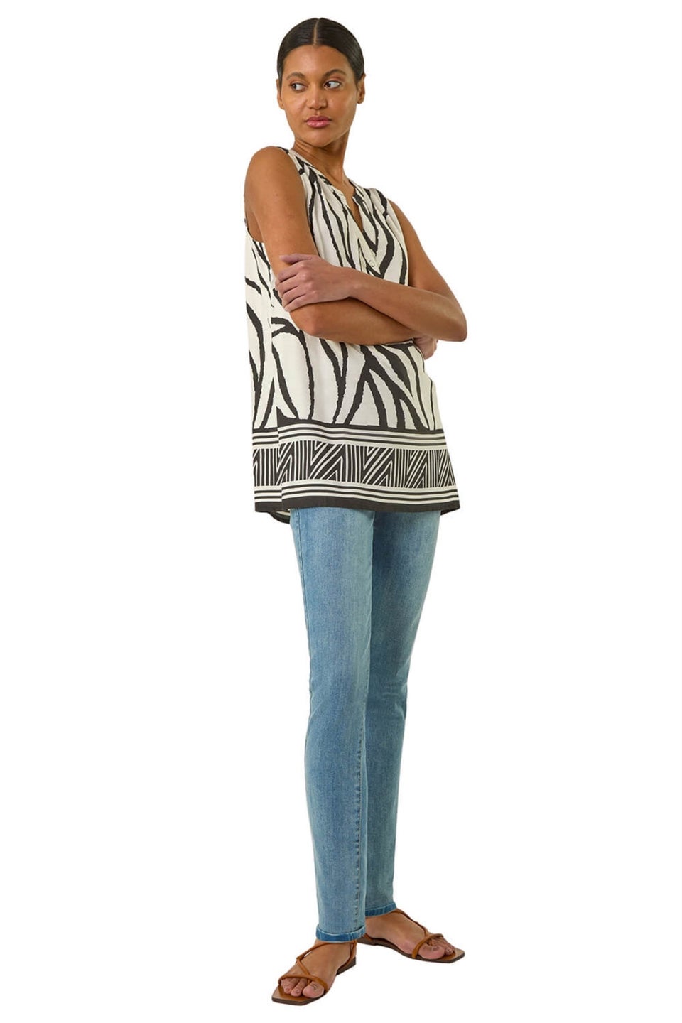 Roman Ivory Stripe Border Print V Neck Vest