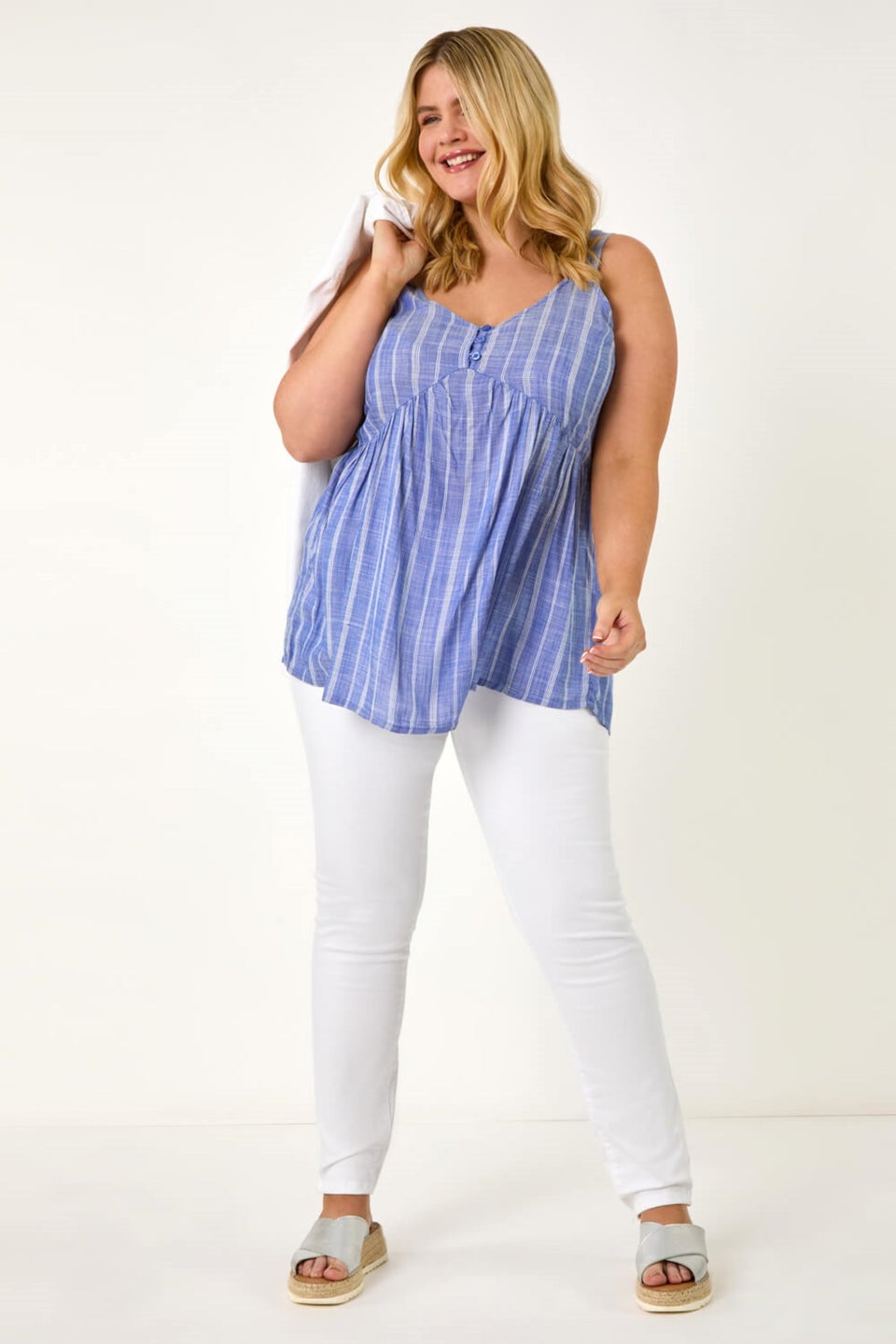 Roman Blue Curve Stripe Woven Button Vest