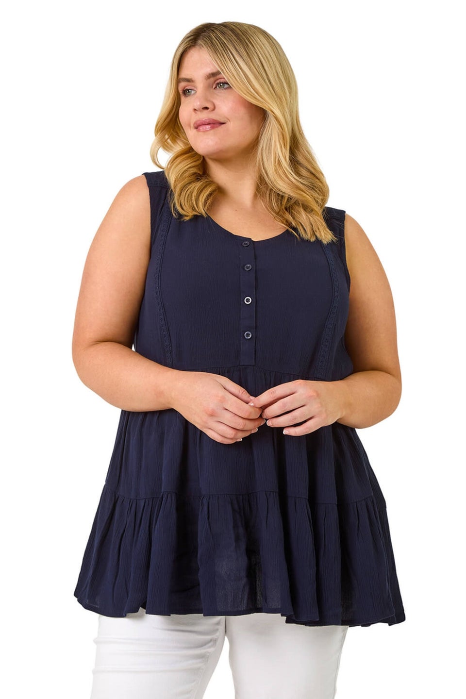 Roman Navy Curve Lace Detail Vest Top