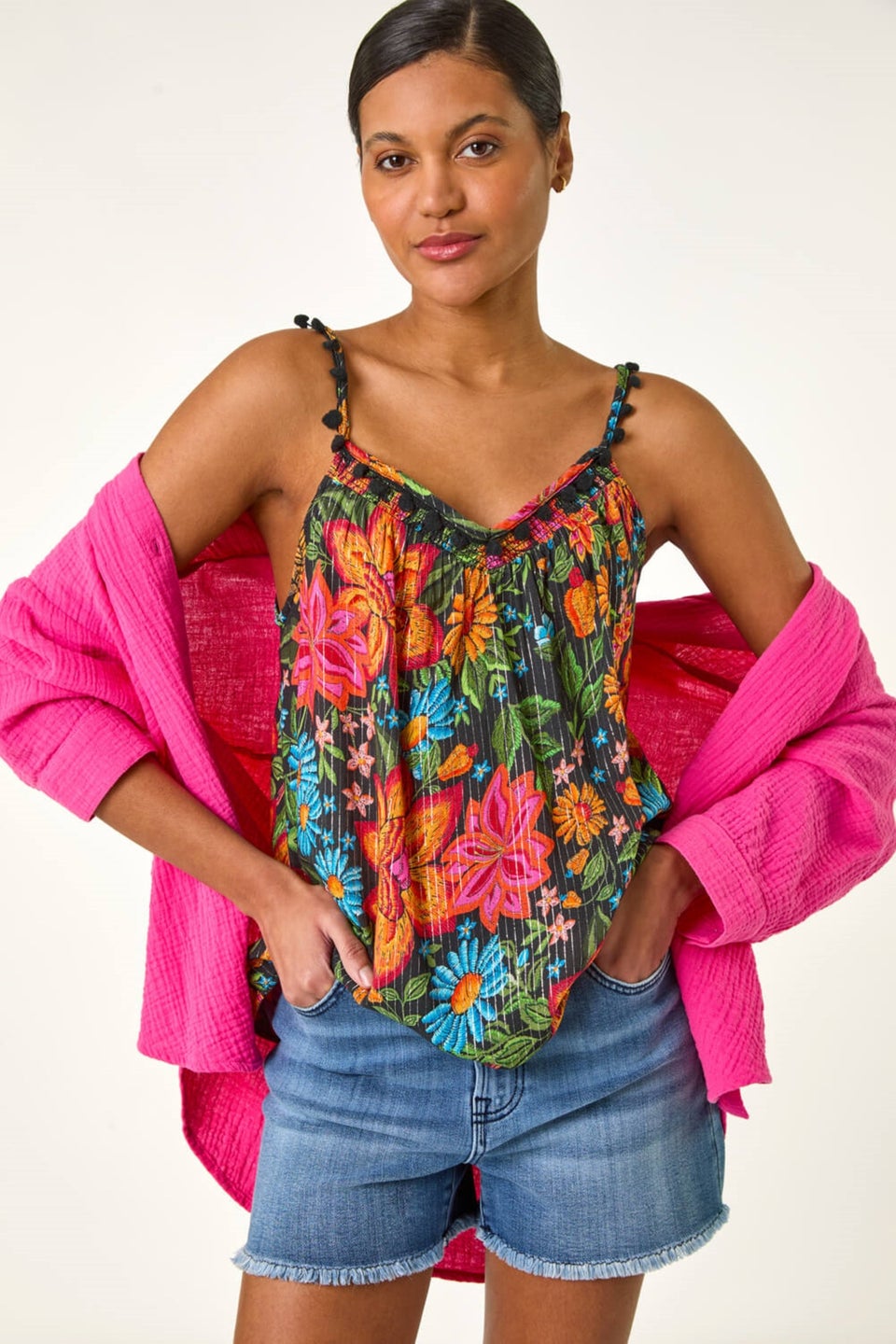 Roman Red Floral Printed Pom Pom Cami Top