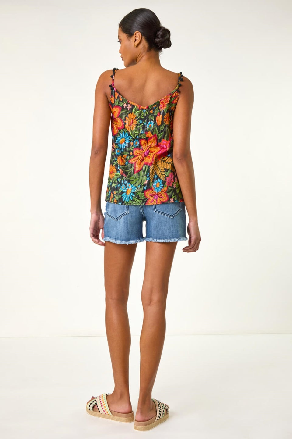 Roman Red Floral Printed Pom Pom Cami Top