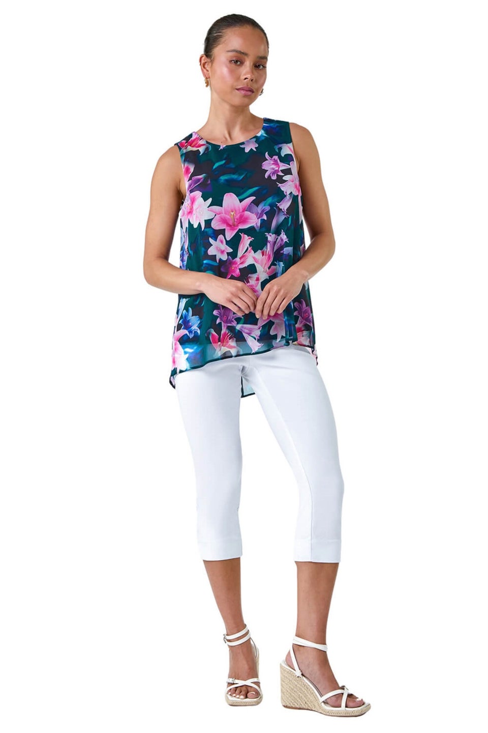 Roman Navy Petite Sleeveless Floral Print Top