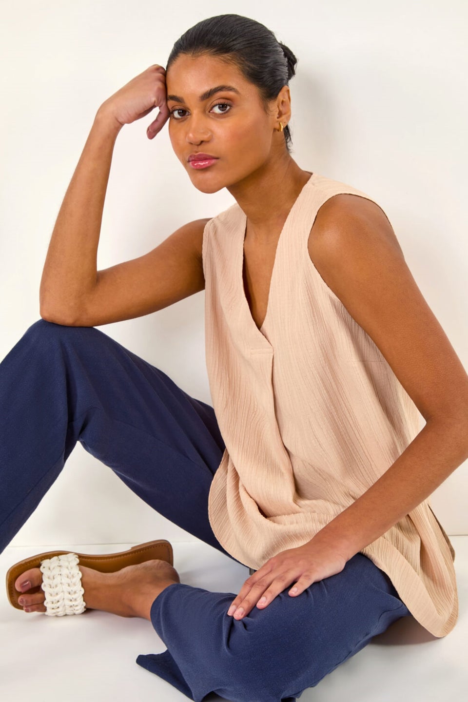 Roman Stone Textured Pleat Front Vest Top